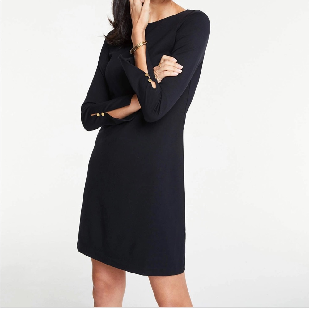 Black petite button cuff ponte shift dress!